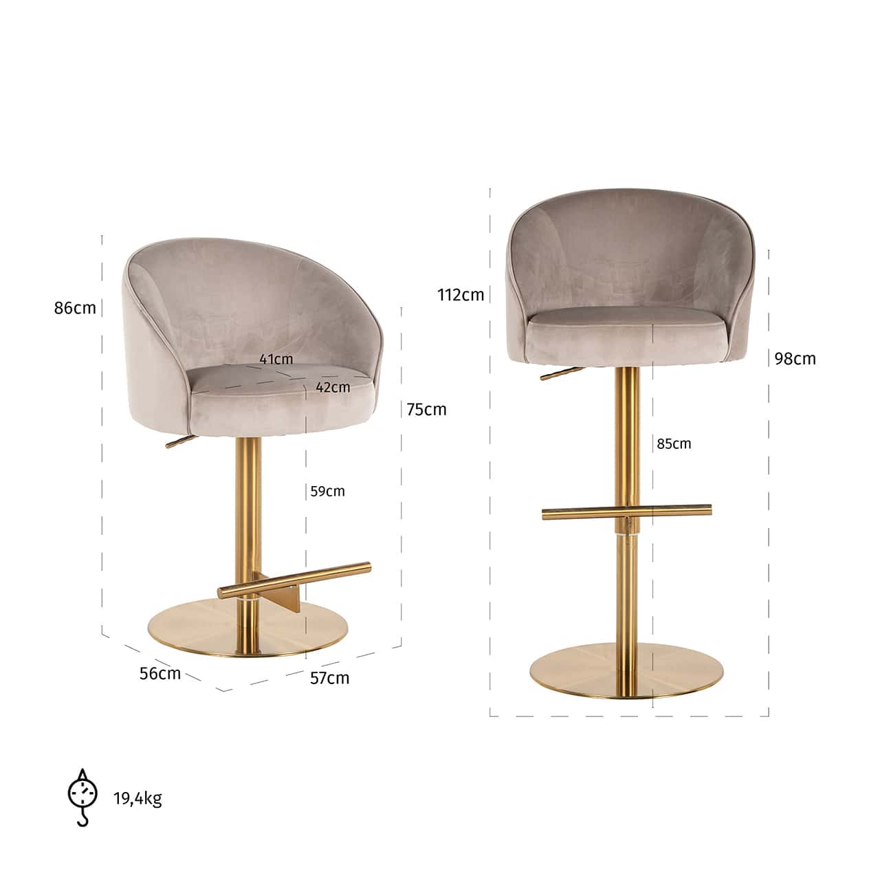 S4554 KHAKI VELVET - Hoker barowy Zabi obrotowy welur khaki (Kwarc Khaki 903)